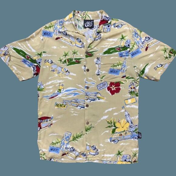 Uluwatu Casual Hawaiian Surf Beach Tan Multicolored Button Front Shirt Men's M - Picture 1 of 10